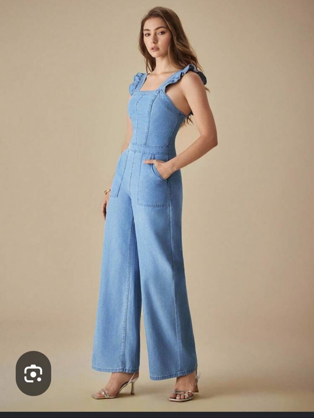 Tinsel Light Blue Ruffle-Strap Denim Jumpsuit